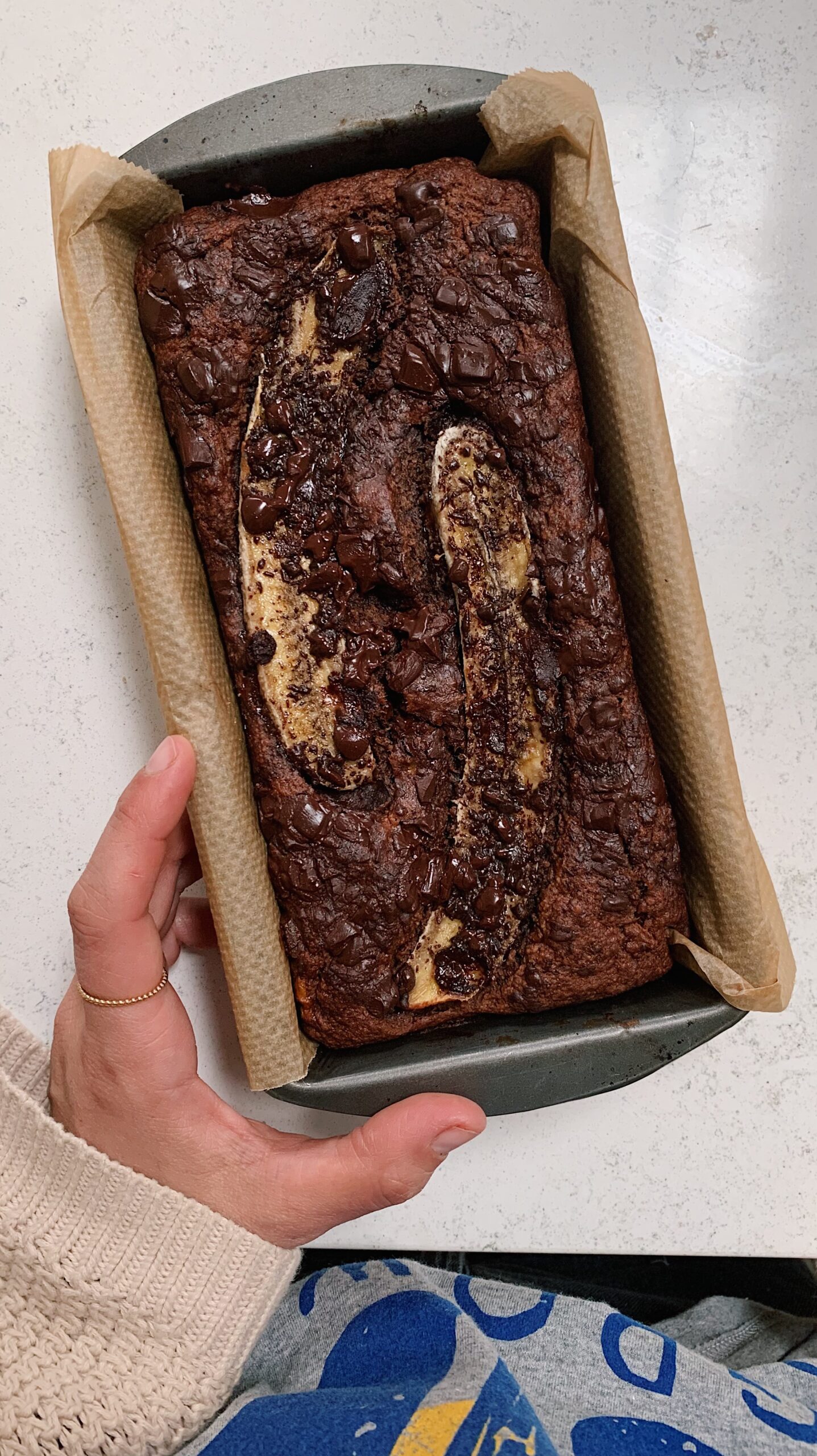 Easy, Less Sweet, Oat Flour Chocolate Banana Bread
