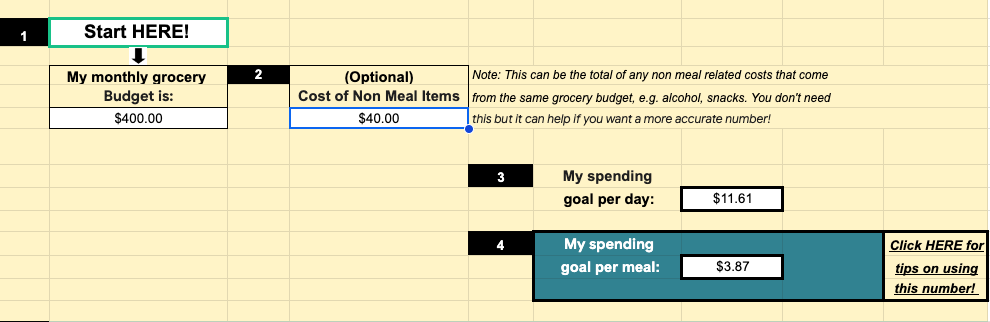 yellow and blue spreadsheet template of a tool to calculate meal prices