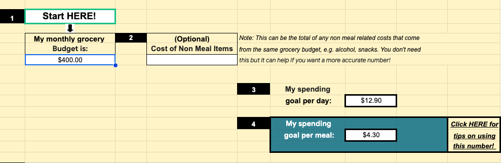 yellow and blue spreadsheet template of a tool to calculate meal prices 