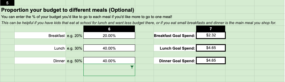 green spreadsheet showing how to break down food budget for different meals 