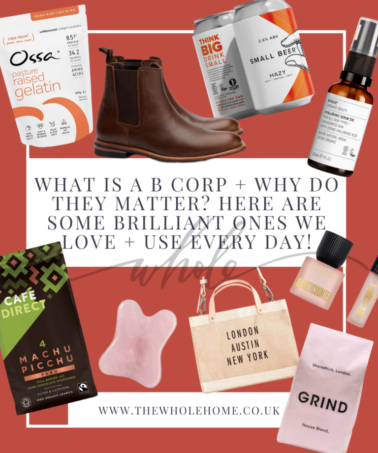 lots of products from B corp brands on a red background