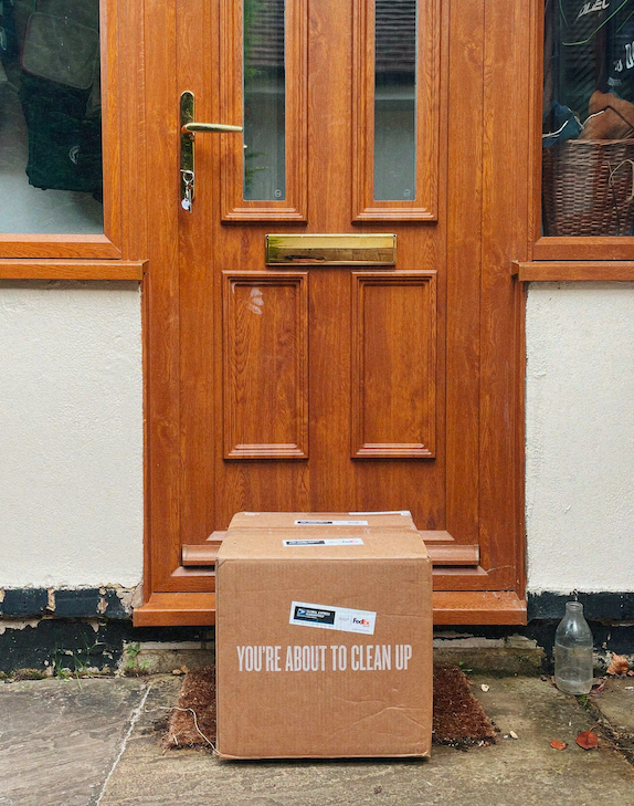 A brown Beautycounter branded box on a doorstep