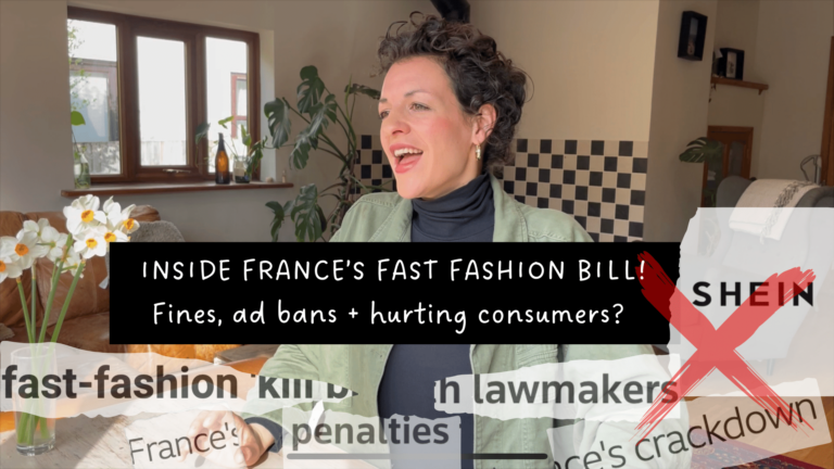 woman sitting at a desk talking, text that reads: inside france's fast fashion bill